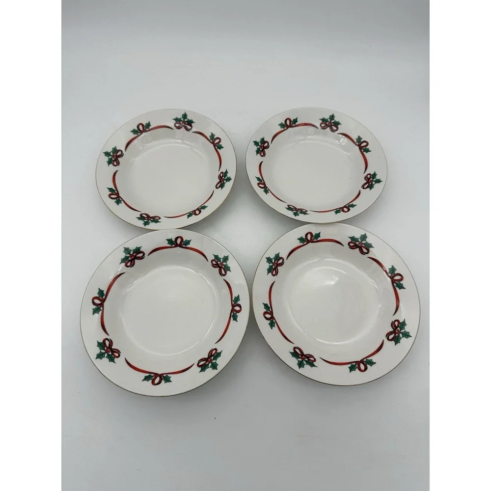 4 Jamestown China Bowls Christmas Ribbons Holly Gold‎ Trim Set EUC